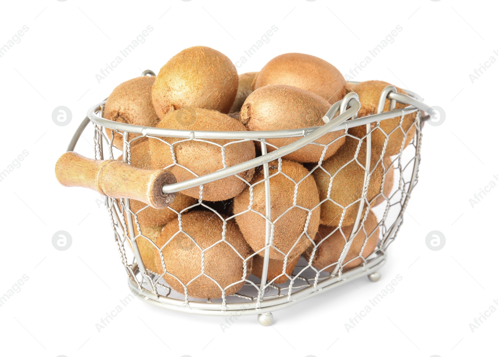 Photo of Whole fresh kiwis in metal basket isolated on white