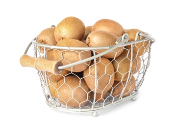 Photo of Whole fresh kiwis in metal basket isolated on white