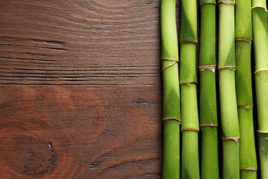 Photo of Green bamboo stems and space for text on wooden background, top view