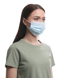 Photo of Young woman in medical mask on white background