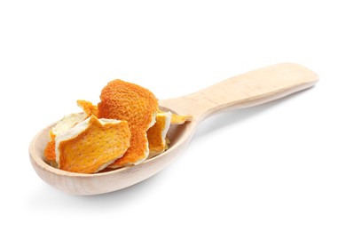 Photo of Wooden spoon with dry orange peels isolated on white