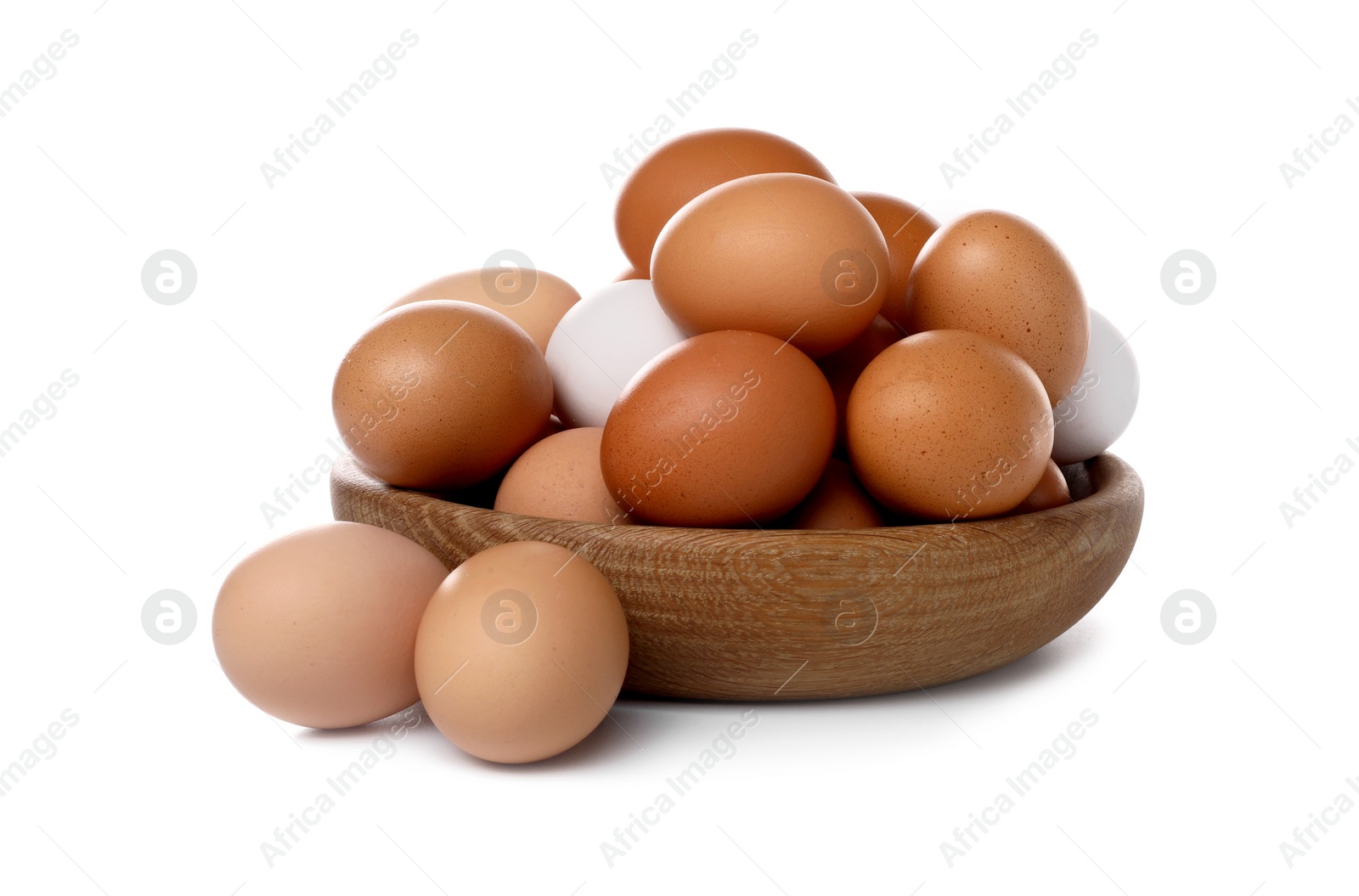 Photo of Fresh chicken eggs in bowl isolated on white