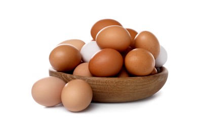 Fresh chicken eggs in bowl isolated on white