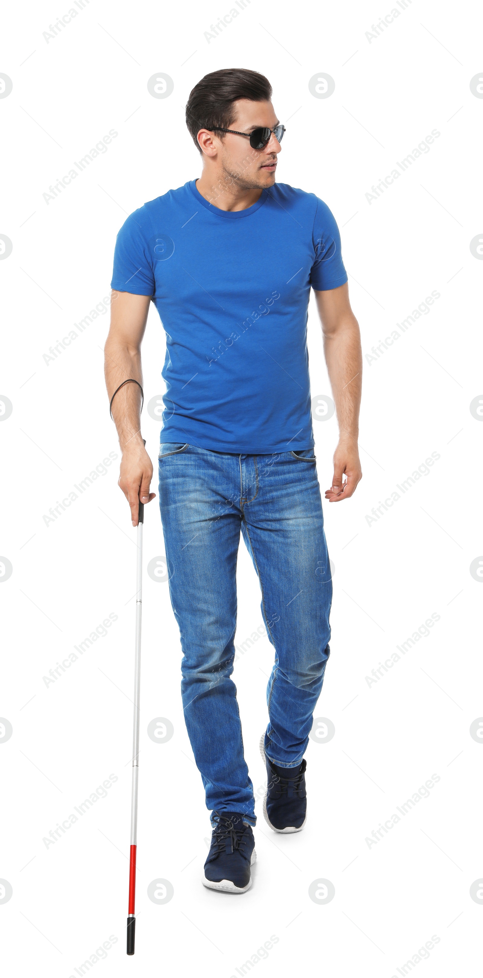 Photo of Blind man with long cane on white background