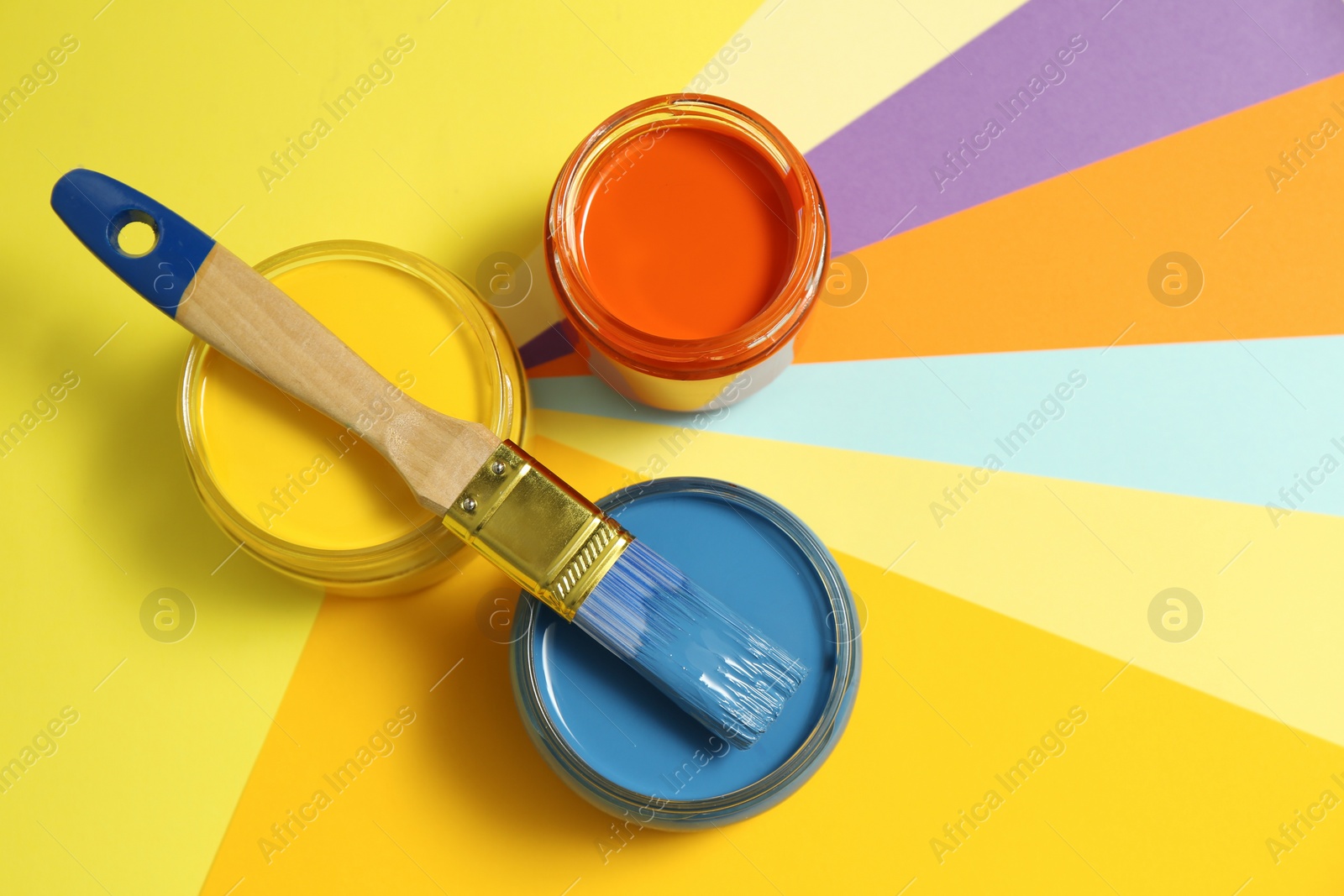Photo of Jars of different paints and brush on color background, flat lay