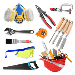 Image of Set with different construction and carpenter tools on white background