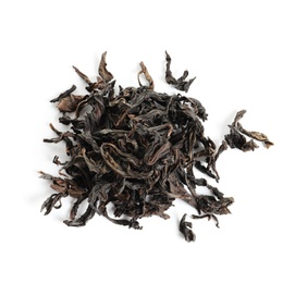 Photo of Heap of Da Hong Pao Oolong tea on white background, top view