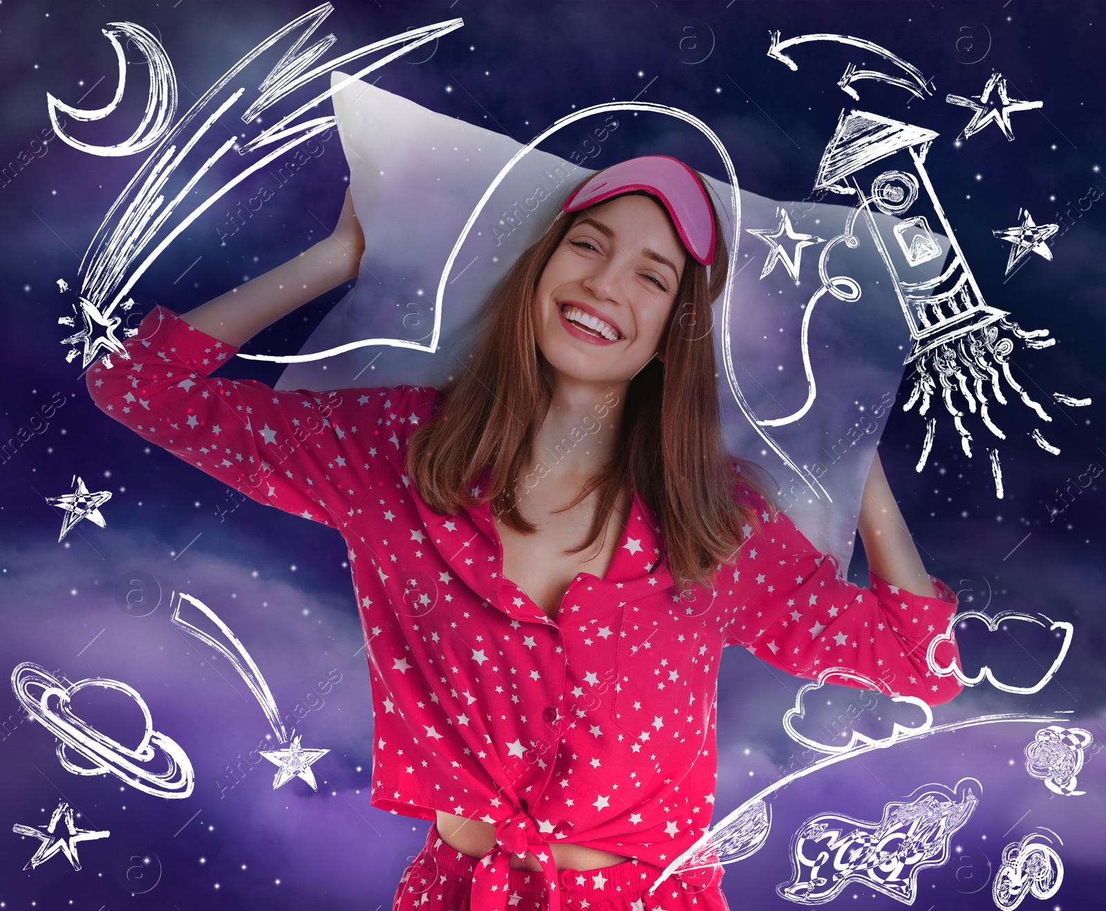 Image of Beautiful woman in pajamas with pillow dreaming about space and night starry sky on background 