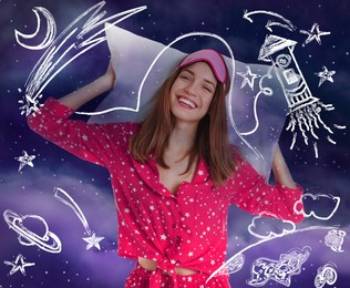 Image of Beautiful woman in pajamas with pillow dreaming about space and night starry sky on background 