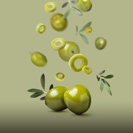 Image of Fresh olives and leaves falling on pale olive background