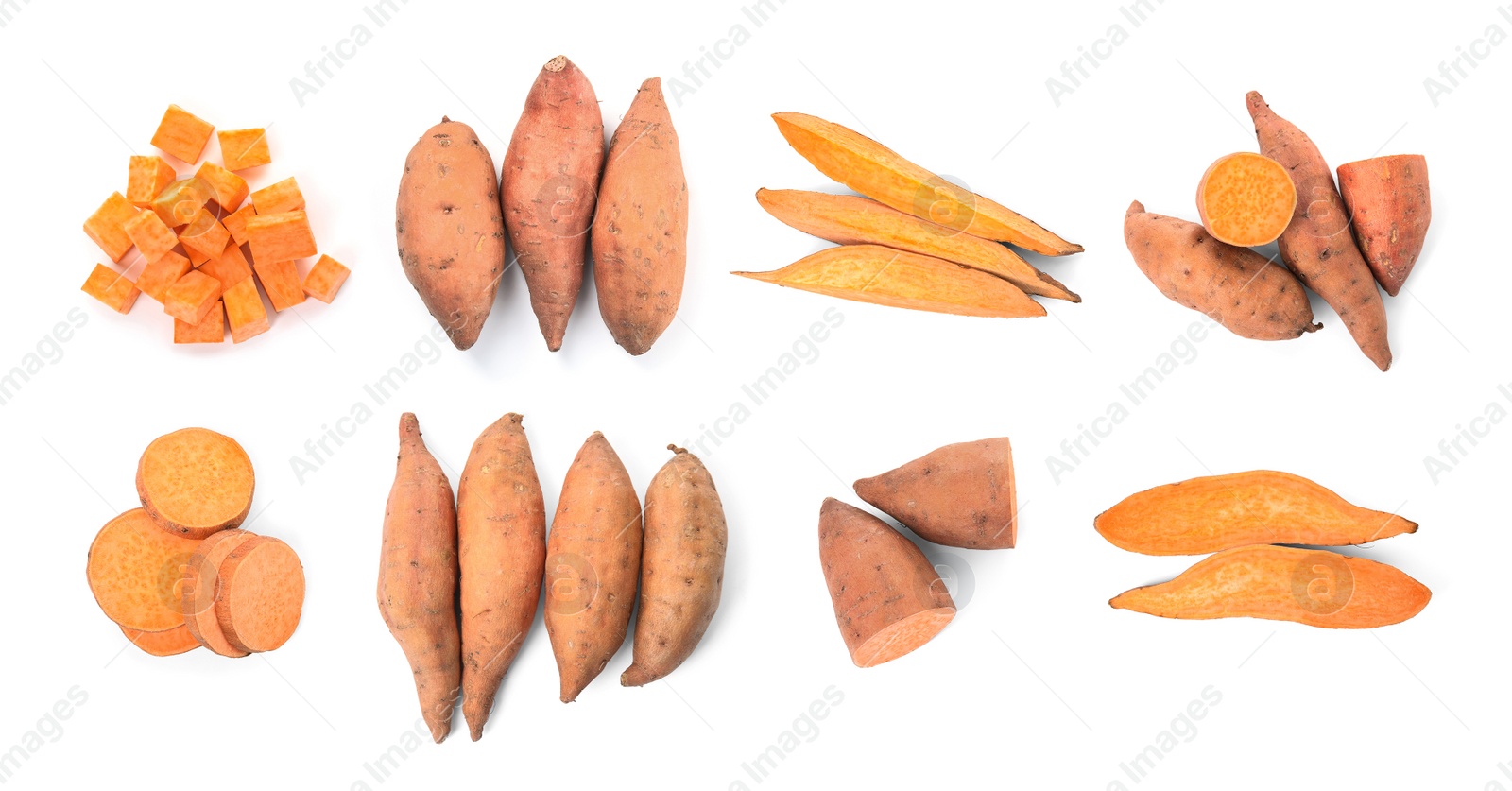 Image of Set with fresh sweet potatoes on white background, top view. Banner design