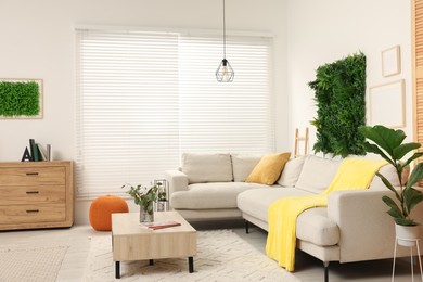 Photo of Green artificial plant wall panel and comfortable furniture in cozy living room. Interior design