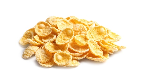 Photo of Crispy cornflakes on white background. Healthy breakfast