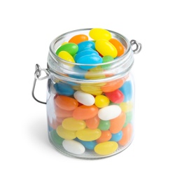 Photo of Jar of delicious color jelly beans isolated on white