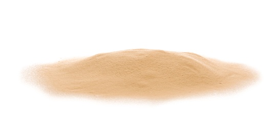 Photo of Heap of dry beach sand on white background