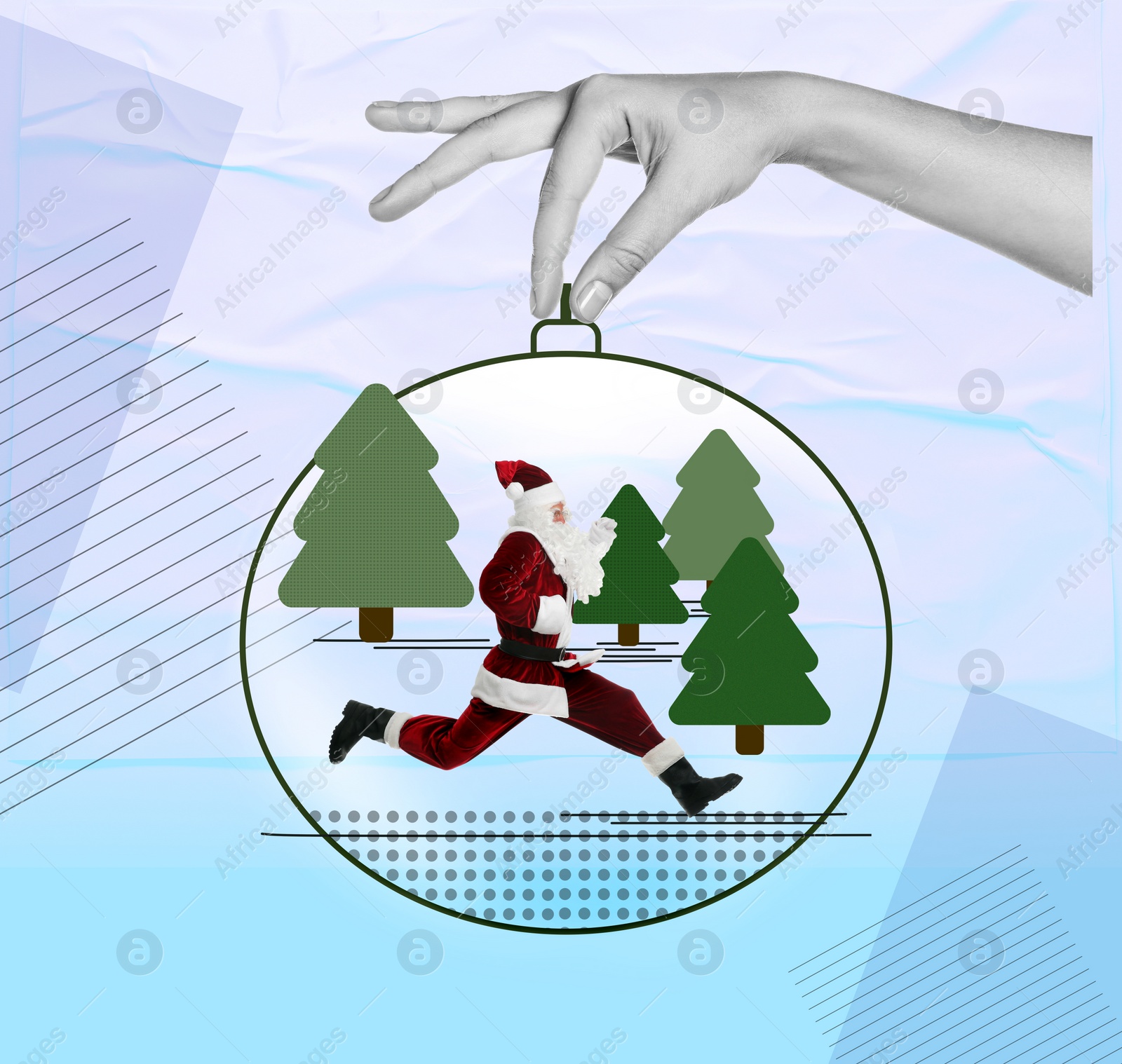 Image of Creative collage. Woman holding Christmas ornament with Santa Claus running inside against color background