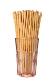 Delicious grissini sticks in glass on white background