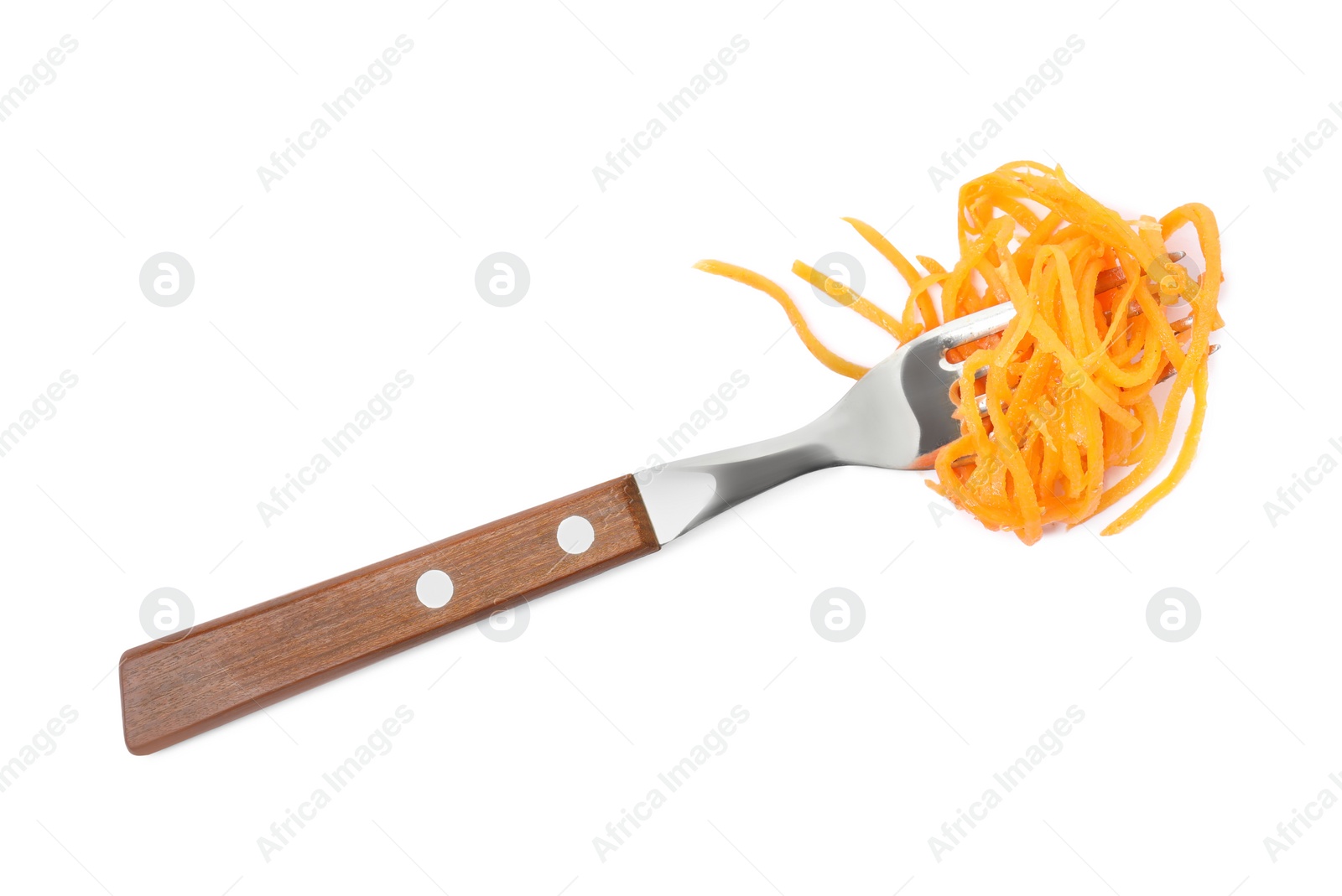 Photo of Fork with delicious Korean carrot salad on white background, top view