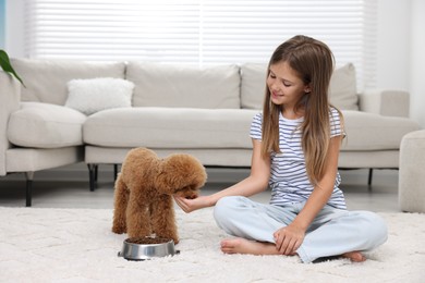 Photo of Little child feeding cute puppy on carpet at home. Lovely pet