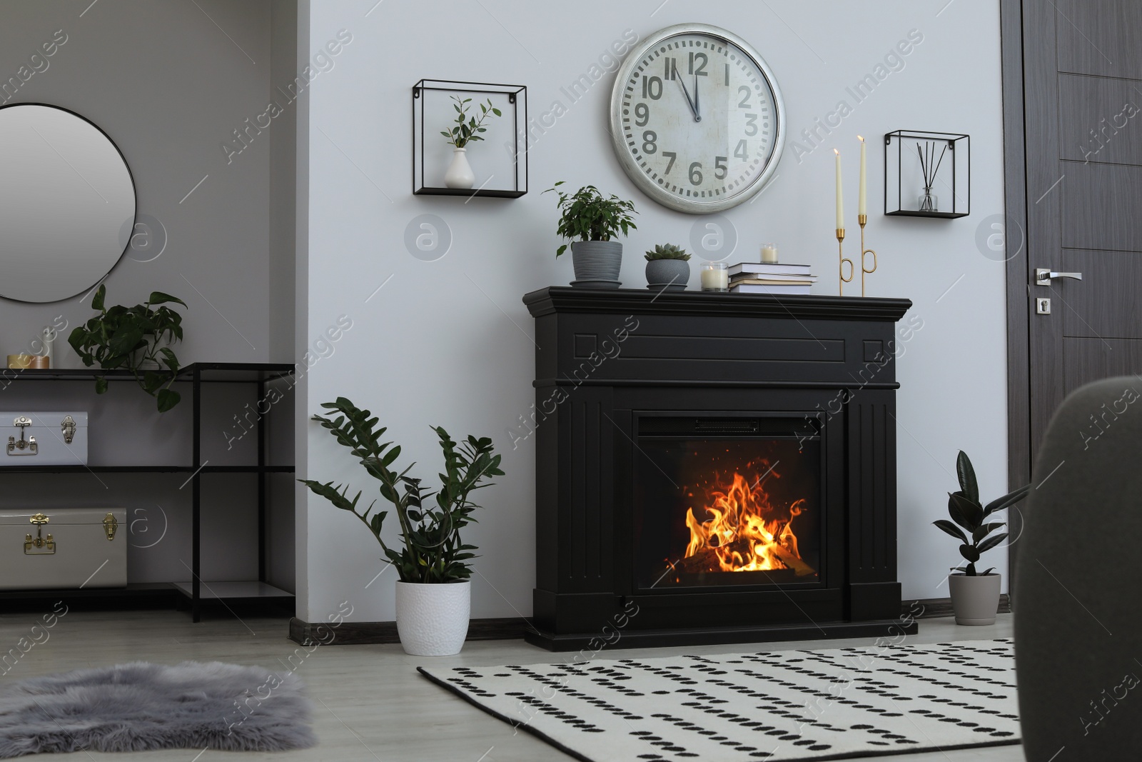 Photo of Stylish living room interior with fireplace and green plants