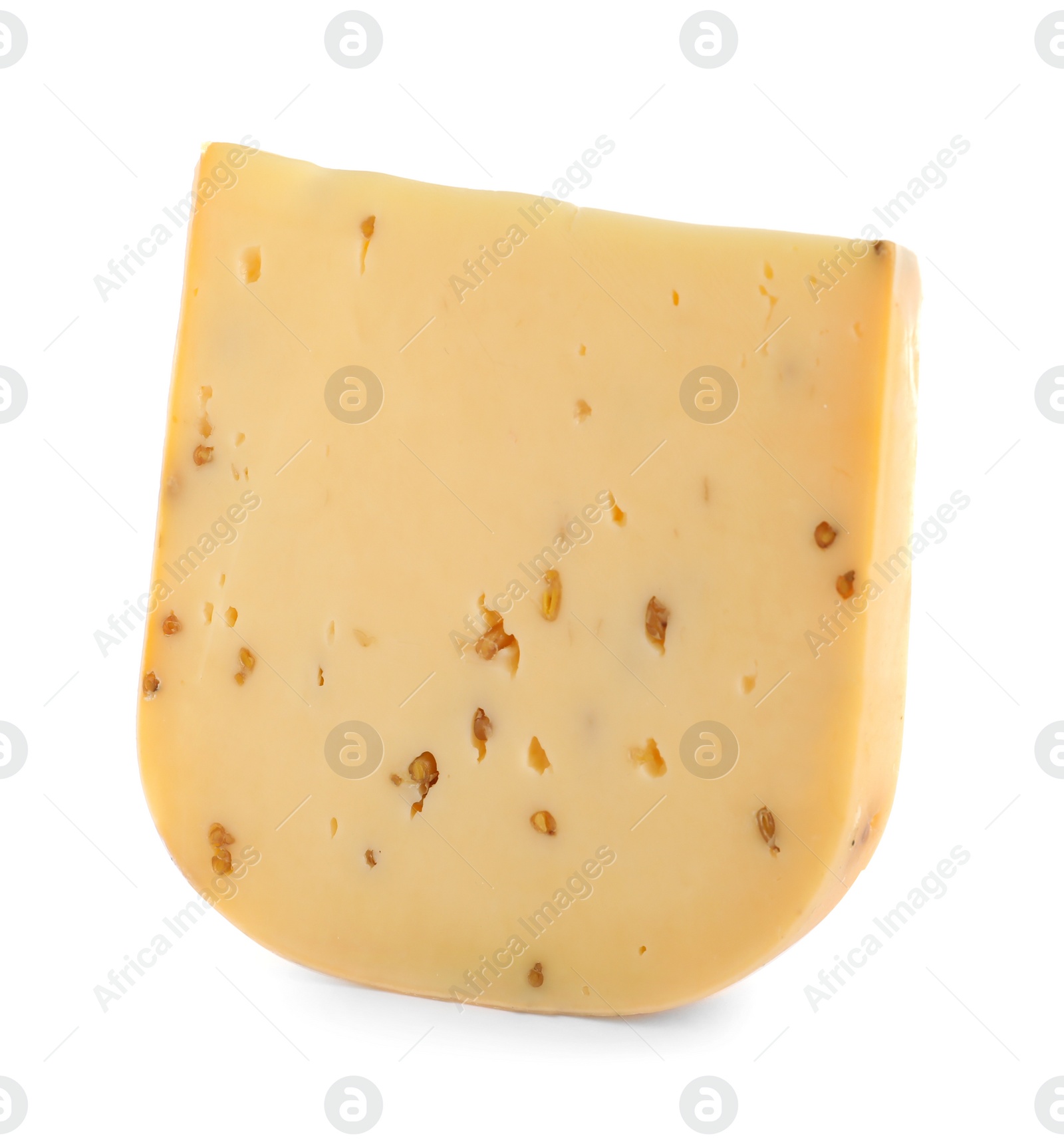 Photo of Piece of tasty cheese with fenugreek isolated on white