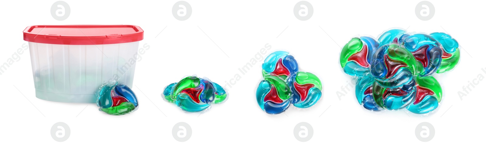 Image of Set with laundry capsules on white background, banner design. Detergent pods