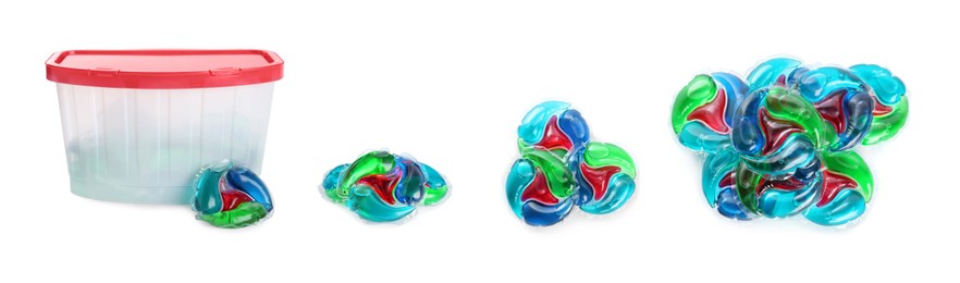 Image of Set with laundry capsules on white background, banner design. Detergent pods