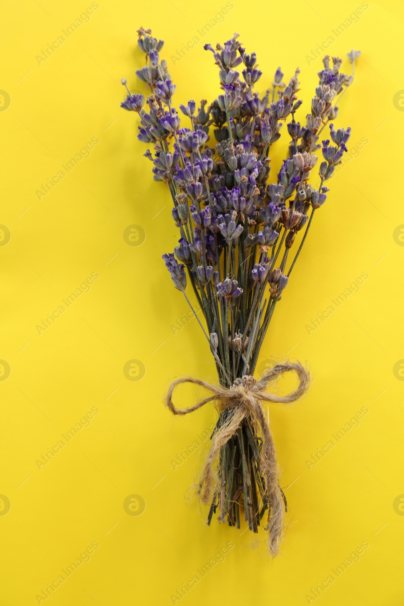 Photo of Bouquet of beautiful lavender flowers on yellow background, top view