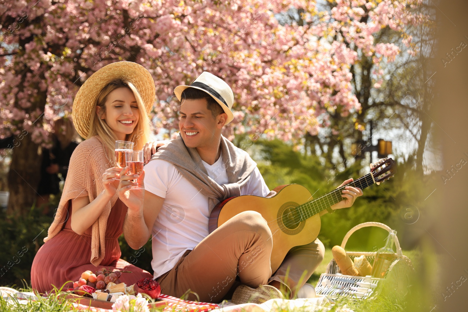 Photo of Happy couple having picnic in park on sunny day