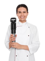 Photo of Chef holding sous vide cooker on white background