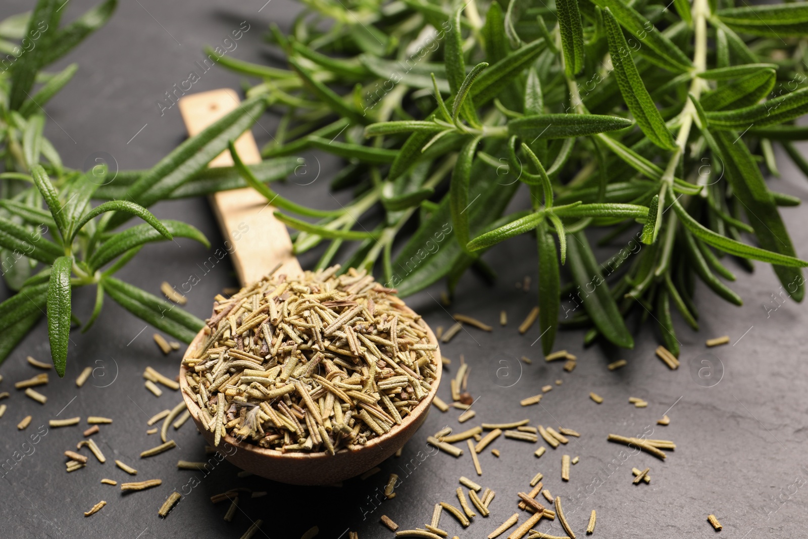 Photo of Fresh and dry rosemary on gray table, closeup