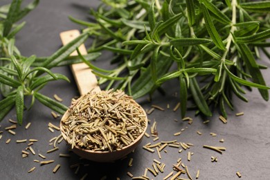 Fresh and dry rosemary on gray table, closeup