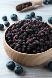Photo of Freeze dried and fresh blueberries on white wooden table, closeup