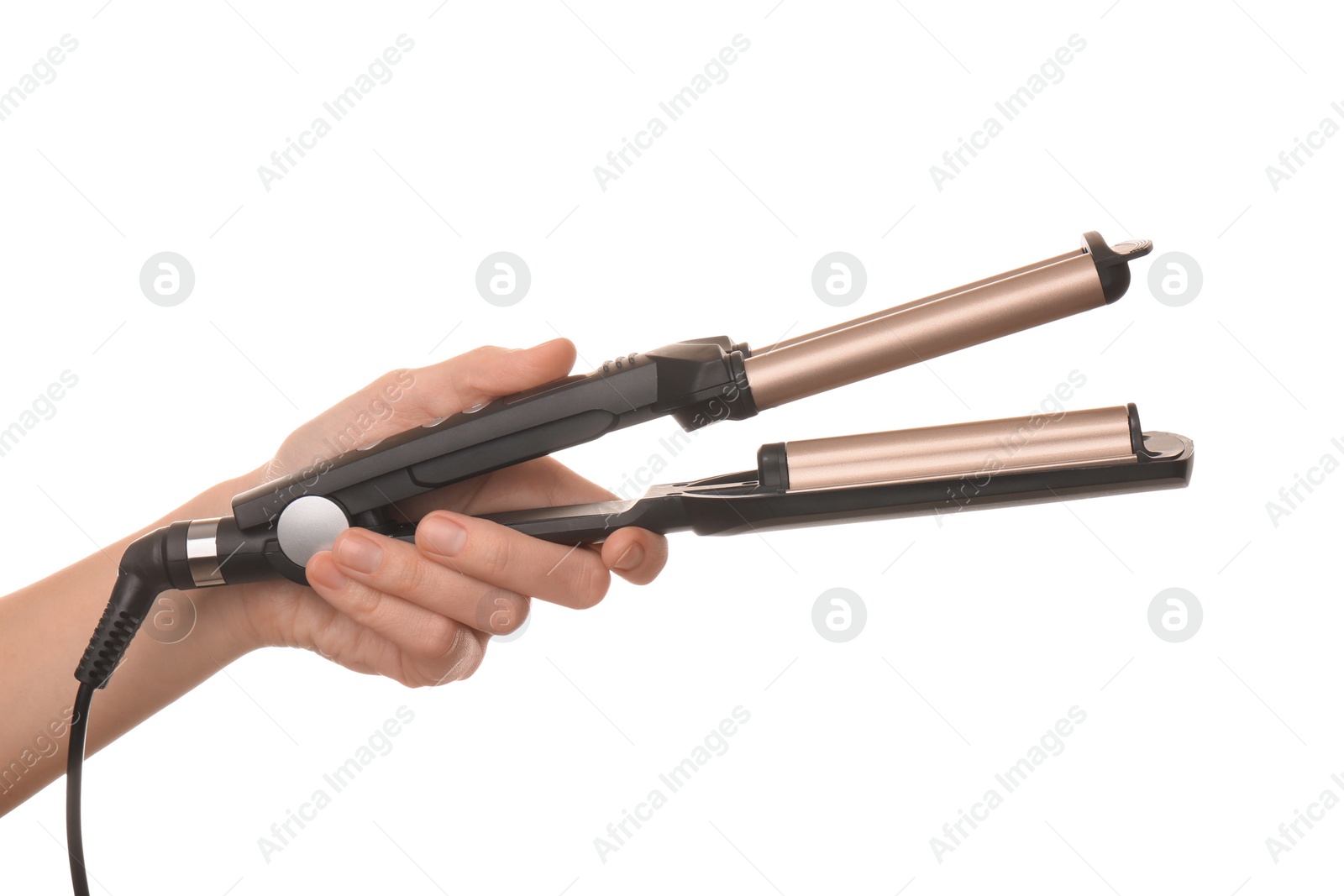 Photo of Woman holding modern triple curling iron on white background, closeup