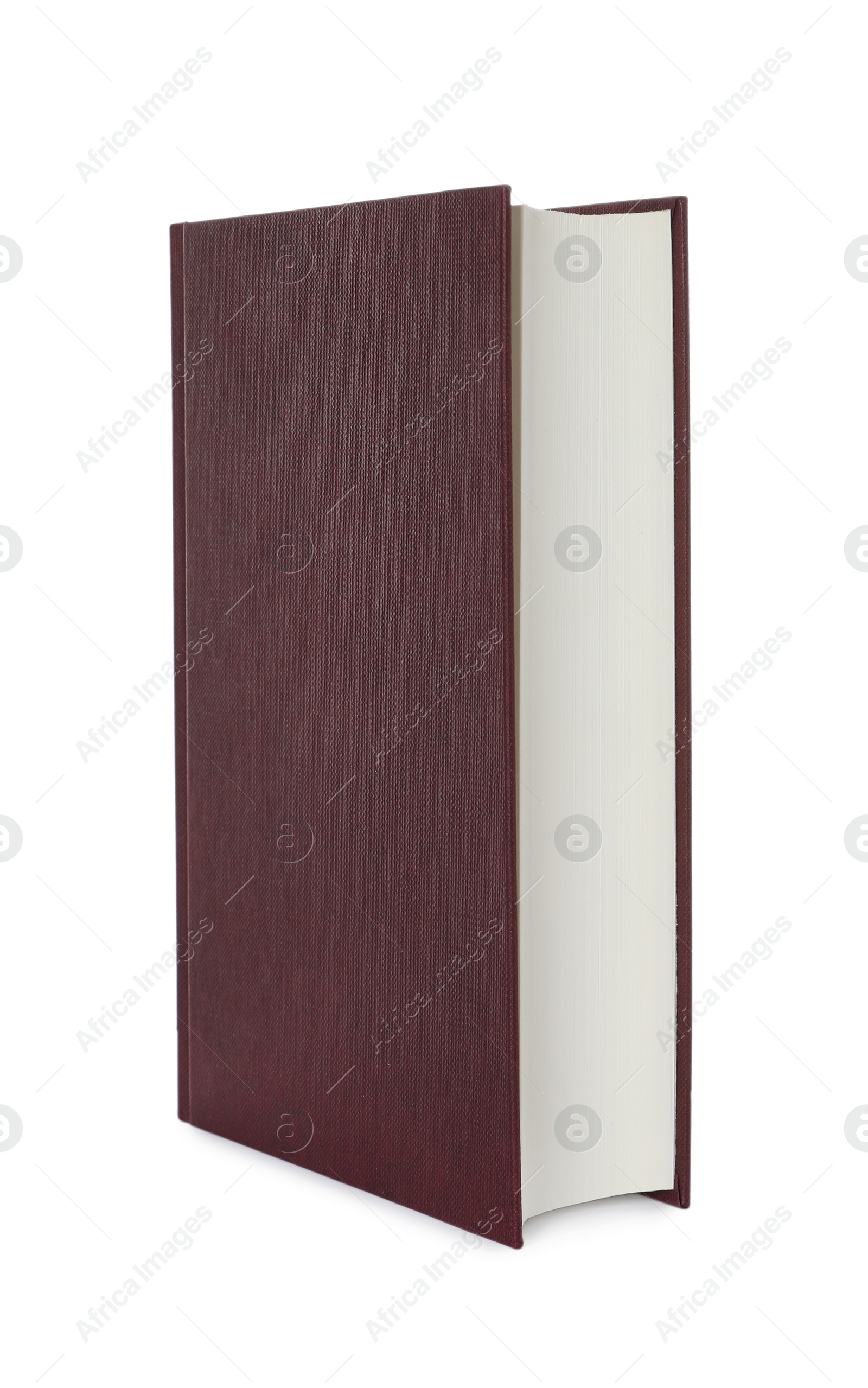 Photo of Closed book with brown hard cover isolated on white