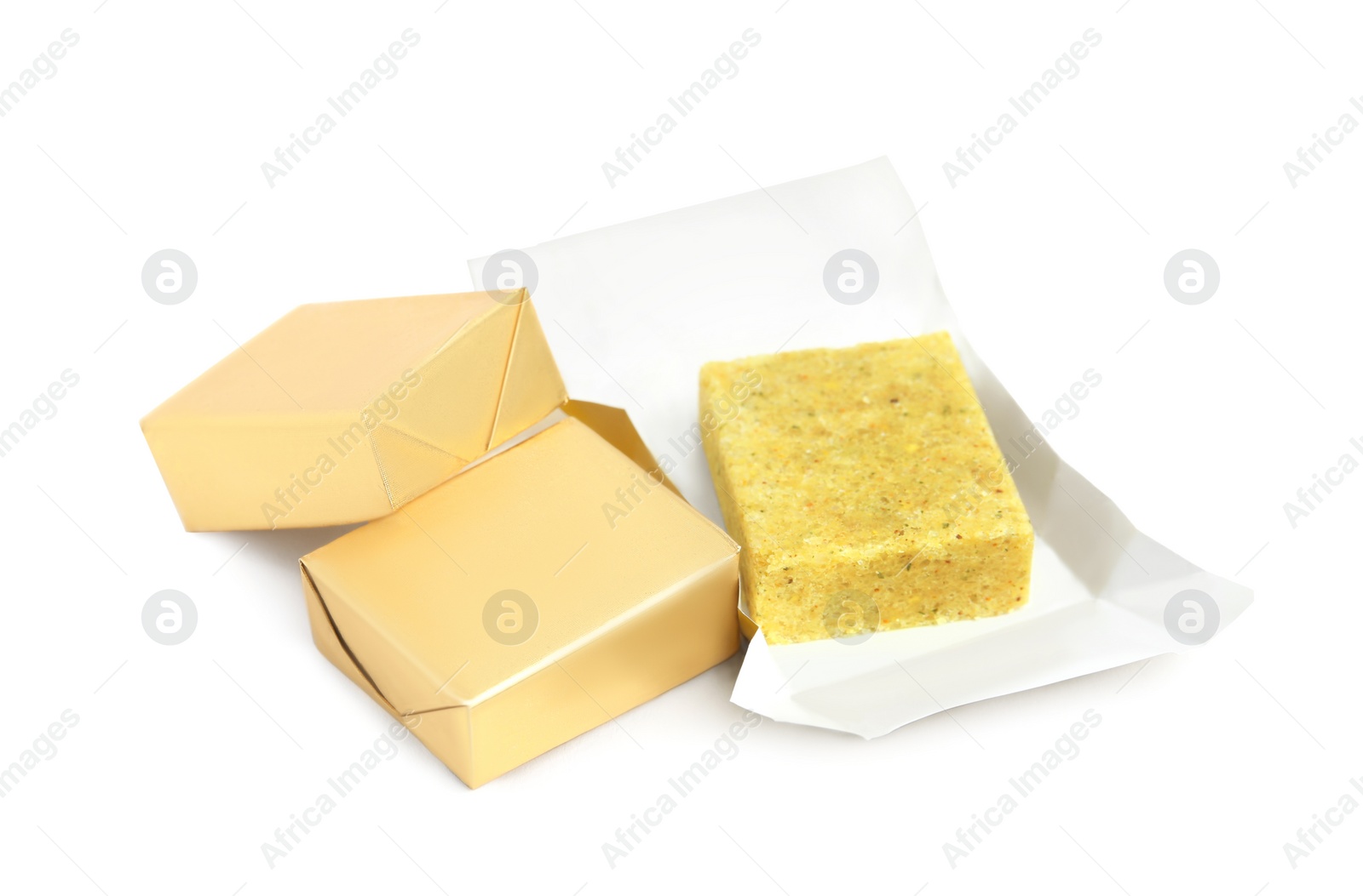 Photo of Bouillon cubes on white background. Broth concentrate