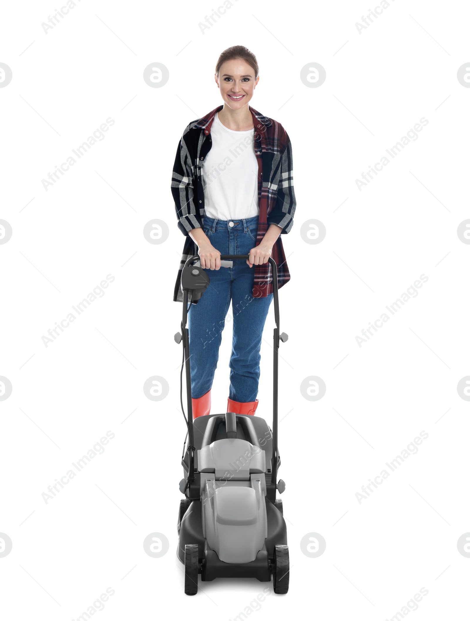 Photo of Young woman with modern lawn mower on white background