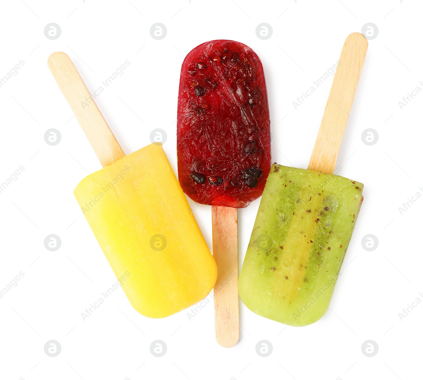 Photo of Delicious ice pops on white background, top view. Fruit popsicle