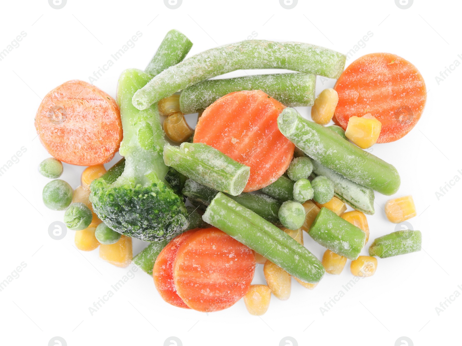 Photo of Mix of different frozen vegetables isolated on white, top view