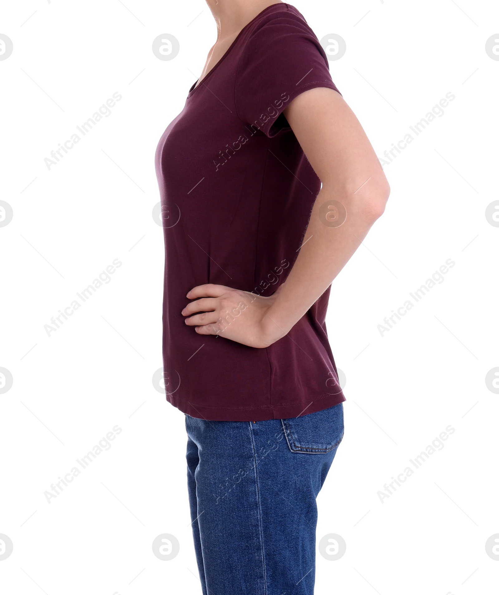 Photo of Young slim woman on white background, closeup. Weight loss