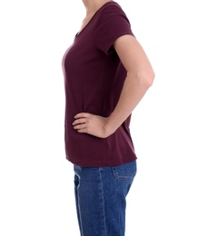 Photo of Young slim woman on white background, closeup. Weight loss