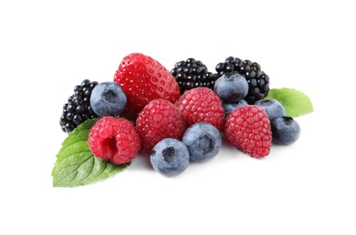 Photo of Many different ripe berries and mint leaves isolated on white