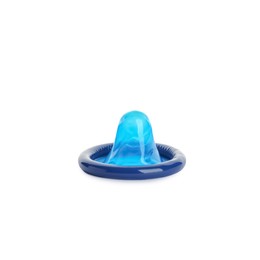 Photo of Unpacked blue condom isolated on white. Safe sex