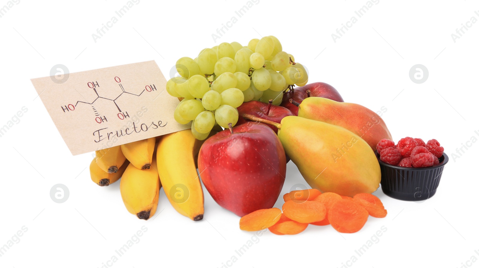 Photo of Card with word Fructose, delicious ripe fruits, raspberries and dried apricots isolated on white