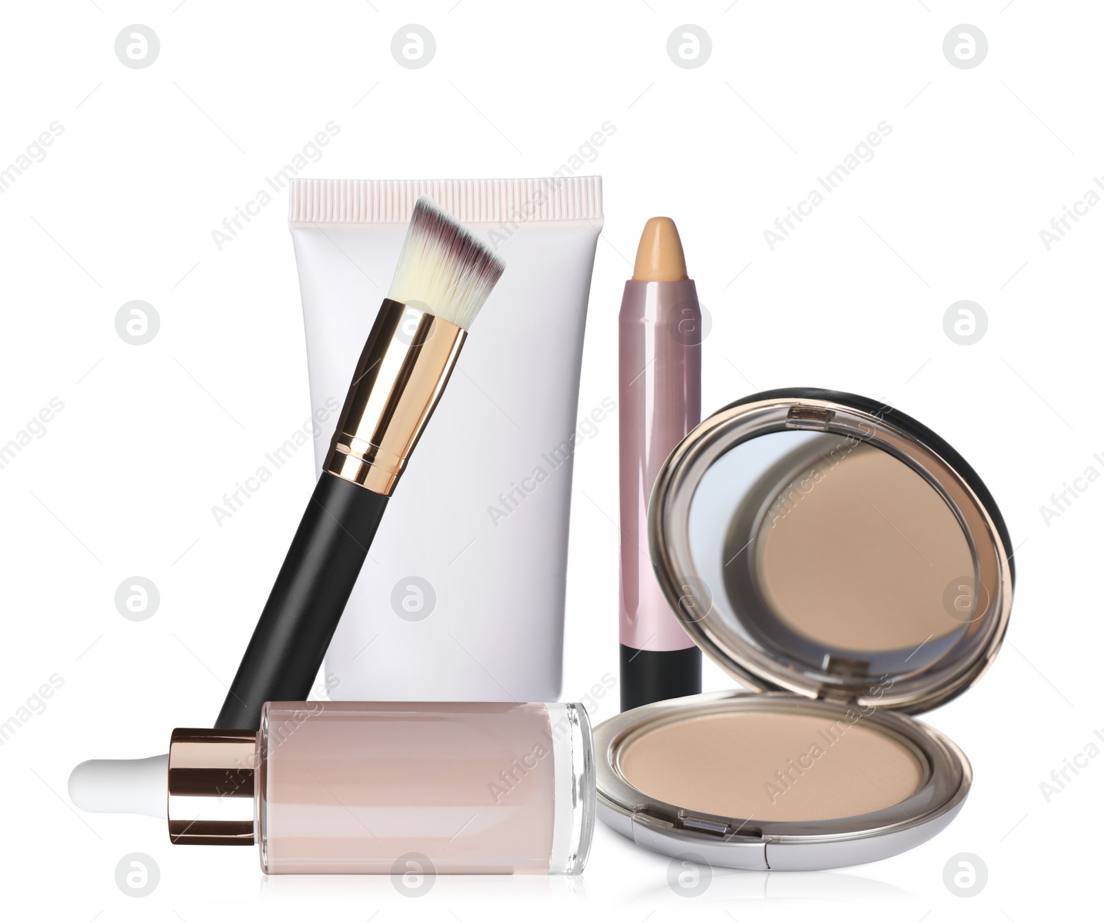 Image of Set with different decorative cosmetics on white background. Luxurious makeup products 