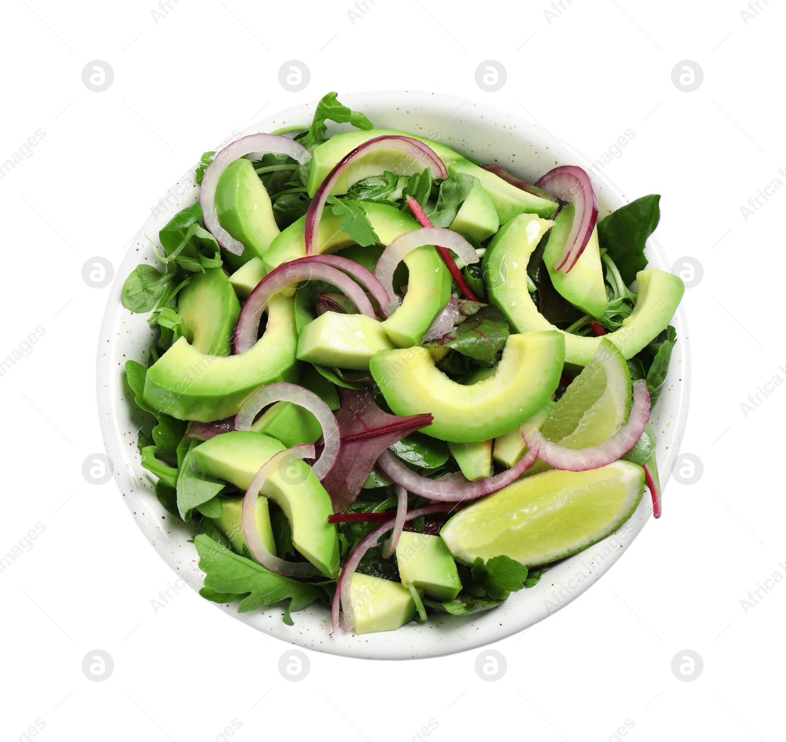 Image of Delicious salad with avocado on white background, top view