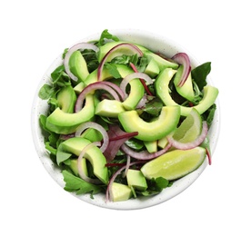 Delicious salad with avocado on white background, top view