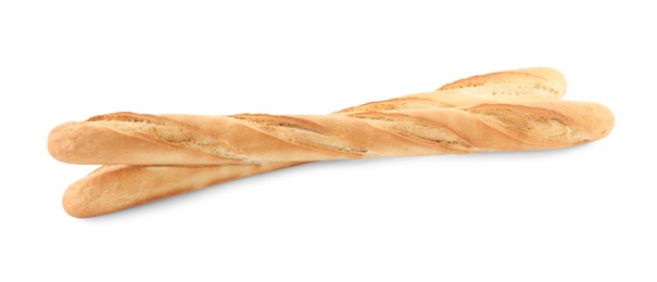 Photo of Tasty baguettes on white background. Fresh bread