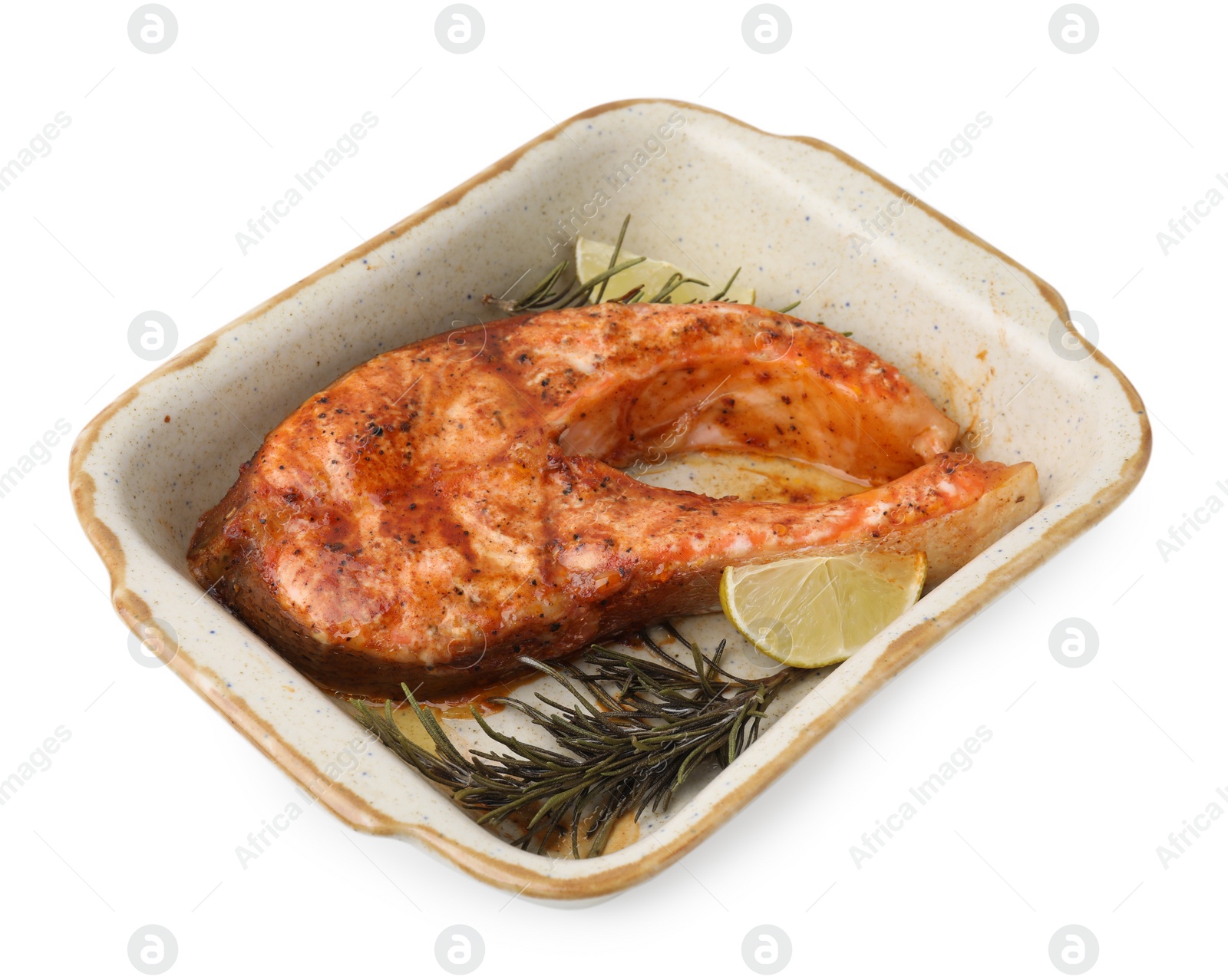 Photo of Freshly cooked fish, lime and rosemary isolated on white