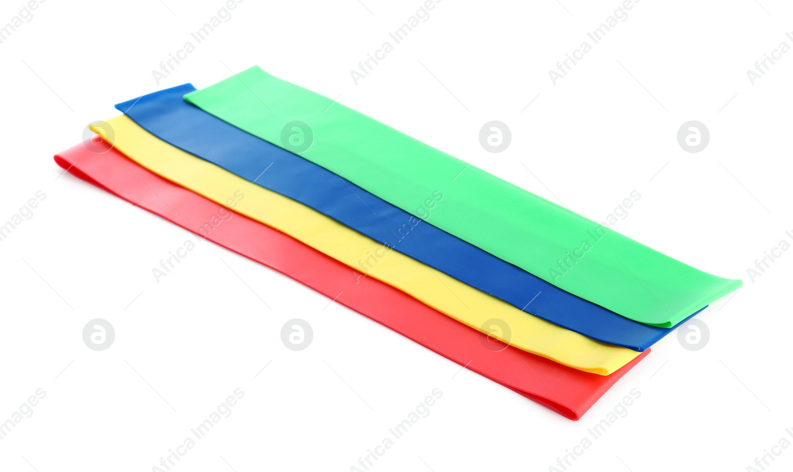 Photo of Set of fitness elastic bands on white background